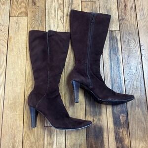 Y2K Brown Suede Knee High Heel Boots Women's‎ Size 7 Pointed Toe Zipper Side